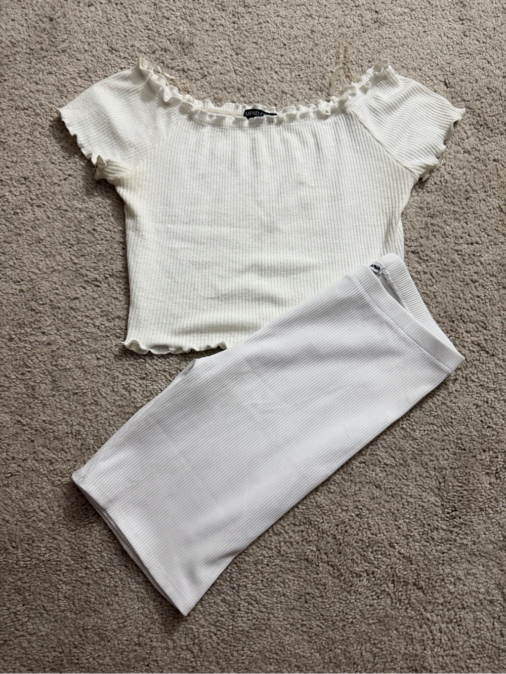 Fashion Nova Cream Ribbed Off-Shoulder Crop Top & Skirt Set
